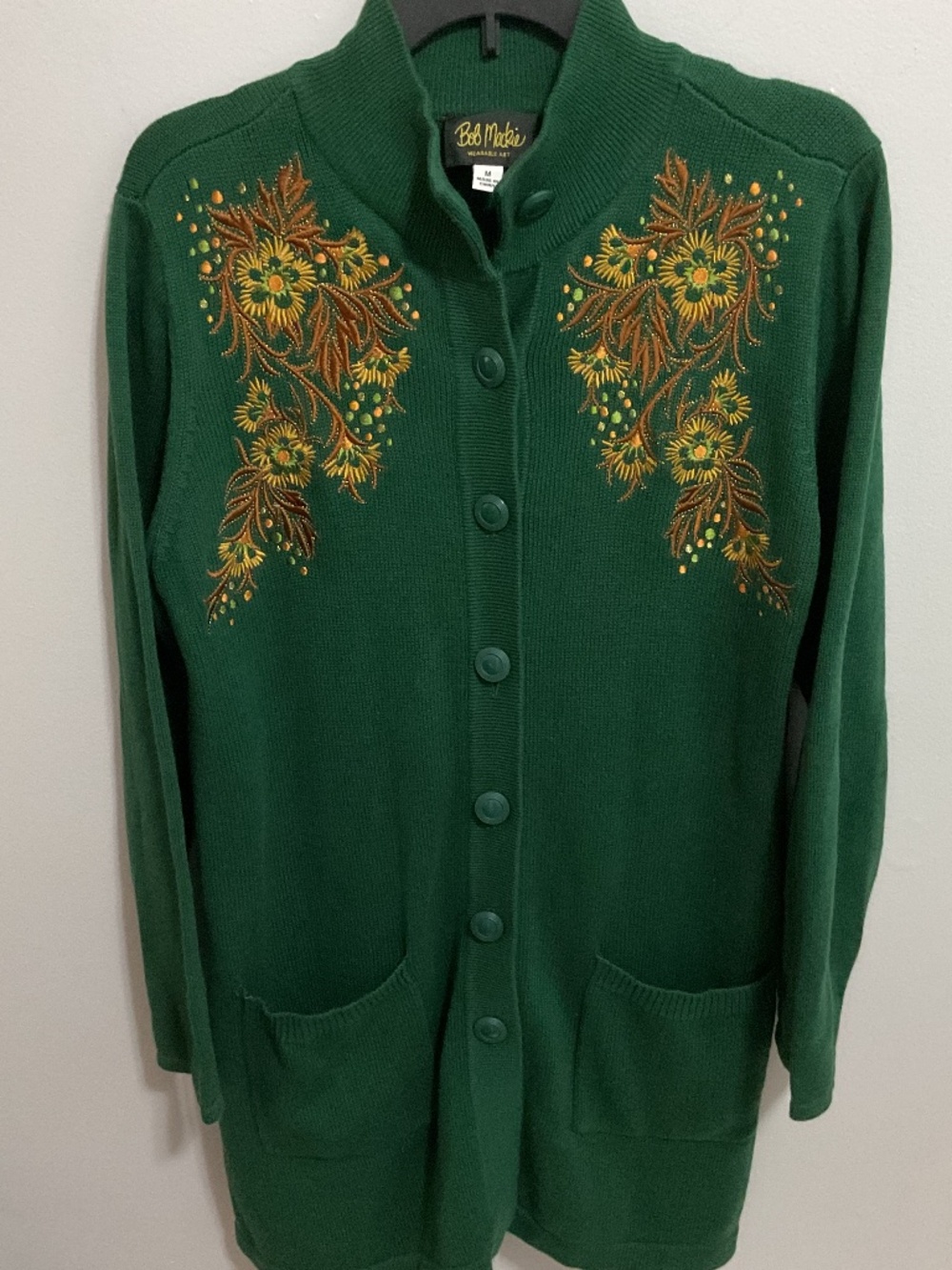Vintage Bob Mackie Wearable Art Fall Embroidered Long Cardigan Sweater,MED